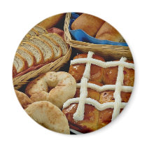 Delicious Baked goods: bagels, rolls, hot crossed Magnets