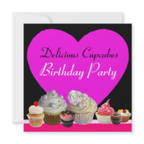 DELICIOUS CUPCAKES BIRTHDAY PARTY pink heart black Announcement