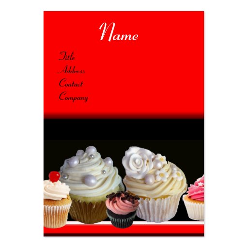 DELICIOUS CUPCAKES DESERT SHOP, black red Business Card Template (front side)
