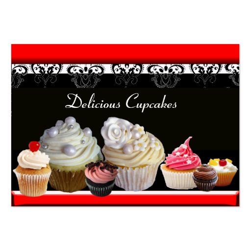 DELICIOUS CUPCAKES DESERT SHOP, black red Business Card Template (back side)