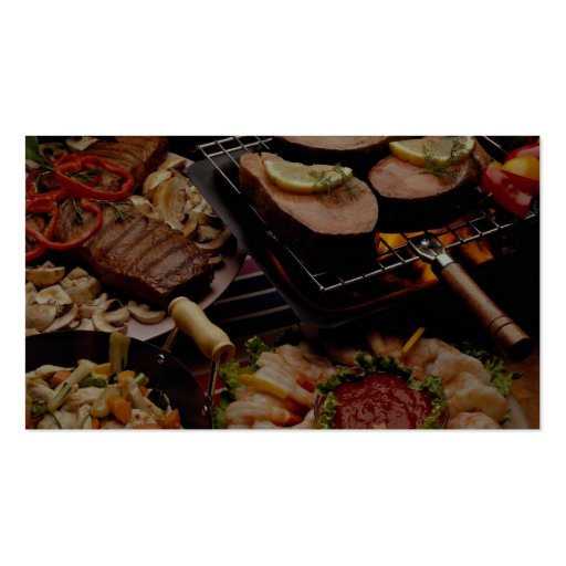 Delicious Grilled salmon, beef steaks and cocktail Business Card Template (back side)
