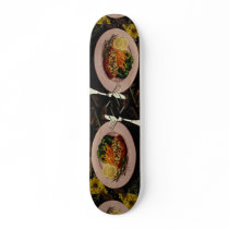 Delicious Halibut steak with carrots, fork & knife Skateboards