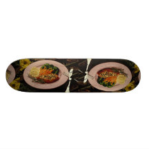Delicious Halibut steak with carrots, fork & knife Skateboards