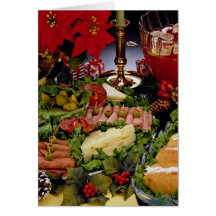 Delicious Holiday with deli platter, punch bowl an Card