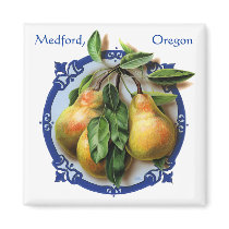 Delicious pears. Rogue Valley Medford souvenir. Magnets