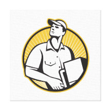 Delivery Man Pushing Dolly With Carton Retro Stretched Canvas Print