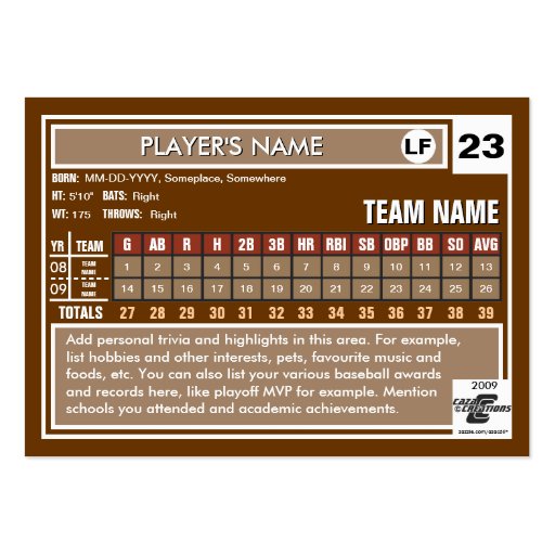Deluxe Custom Baseball Card Business Card Template (back side)
