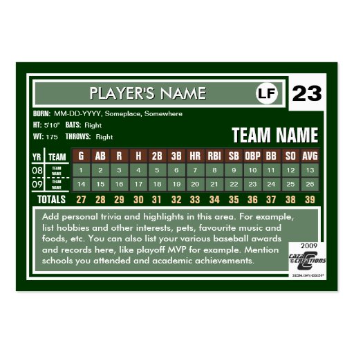 Deluxe Custom Baseball Card Business Cards (back side)