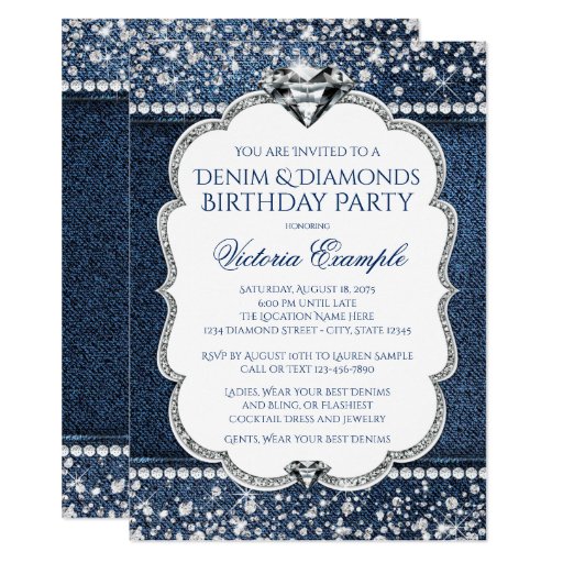 Denim and Diamond Bling Birthday Party Invitations | Zazzle