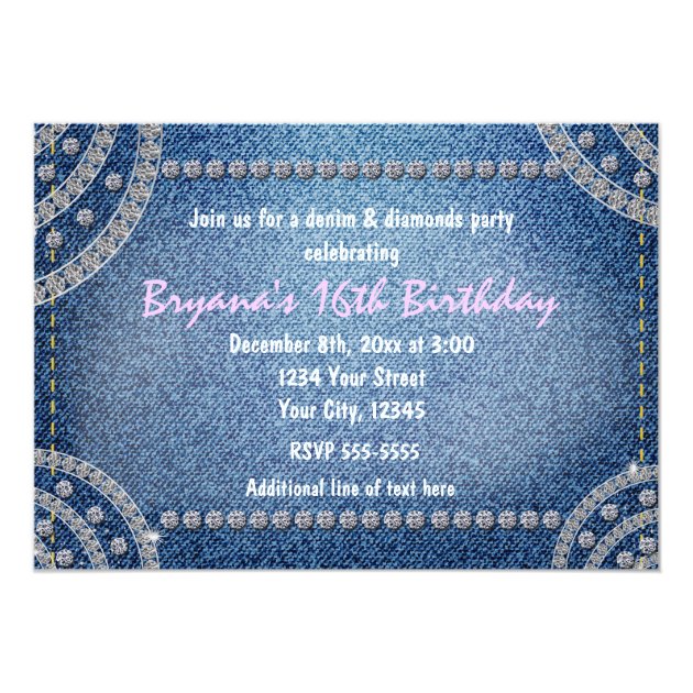 Denim and Diamonds Birthday Party Invitations (front side)