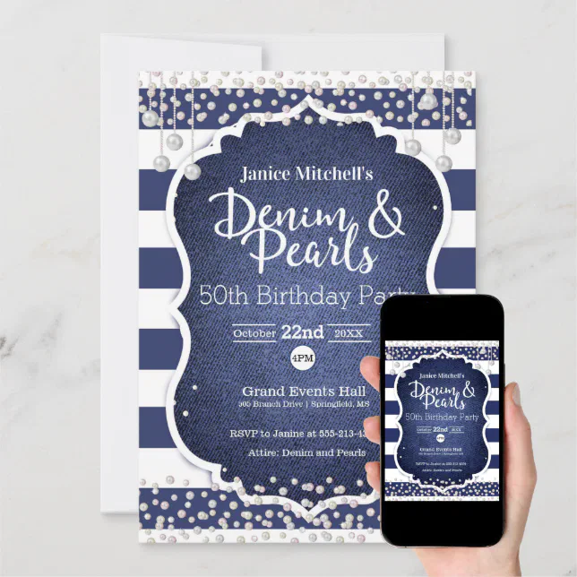 Denim And Pearls Birthday Invitation Zazzle