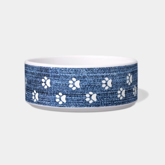 Denim and White Paw Prints Design Pet Bowl