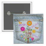 Denim Back Pocket Flowers Peace Love Hope Button