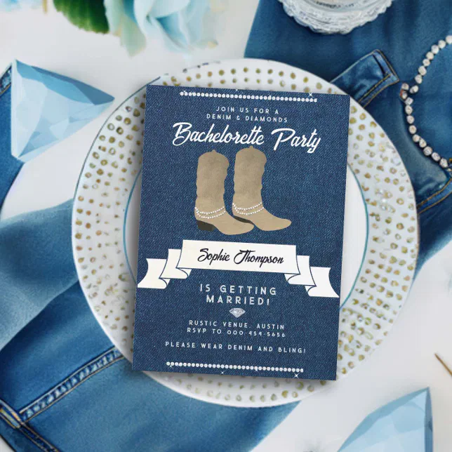 Denim Diamonds Cowgirl Boots Rustic Bachelorette Invitation Zazzle