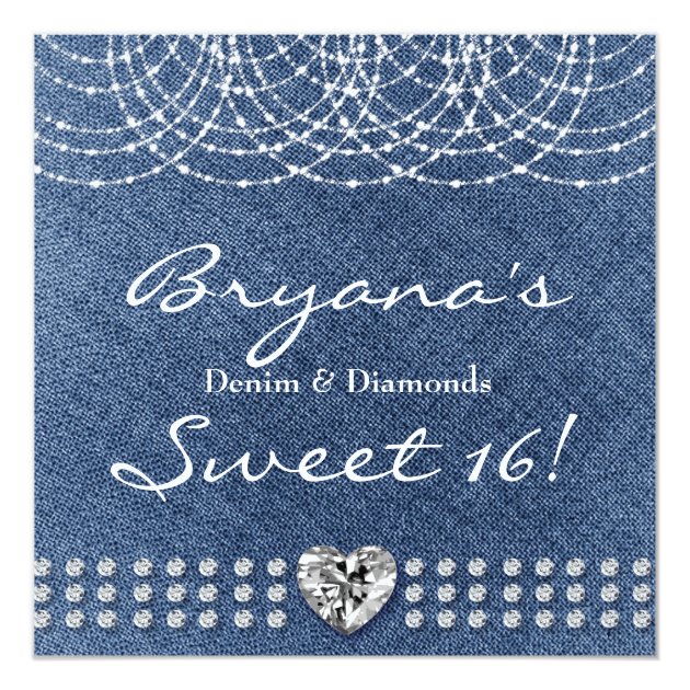 Denim & Diamonds Heart Glitter Sweet 16 Invitation