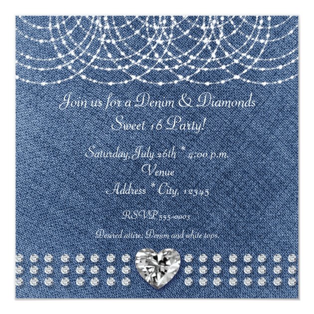 Denim & Diamonds Heart Glitter Sweet 16 Invitation