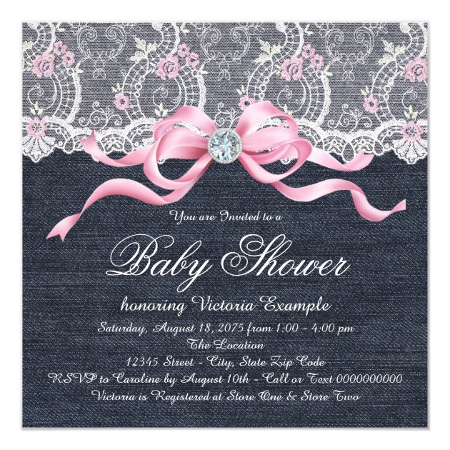 Denim Lace Diamond Bow Baby Shower Card