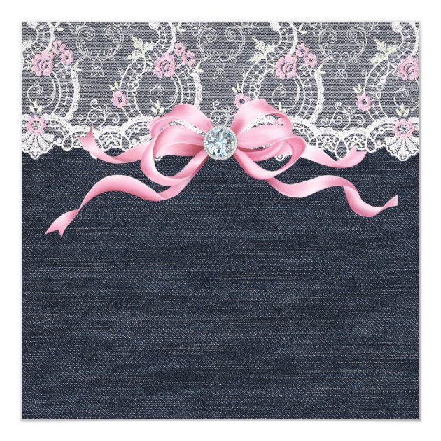 Denim Lace Diamond Bow Baby Shower Card