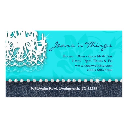 Denim n Diamonds Chandelier Floral Turquoise Blue Business Card Templates (back side)