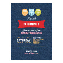Denim Owl Cartoon Birthday Invitation for Kids