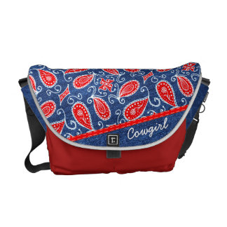 Denim Paisley Cute Floral Red White and Blue Jeans Courier Bag