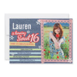 Denim &amp; Pink Lace Sweet 16 Photo Invitation