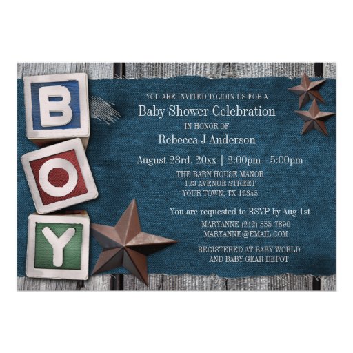 Denim, Stars, & Blocks Country Boy Baby Shower Cards
