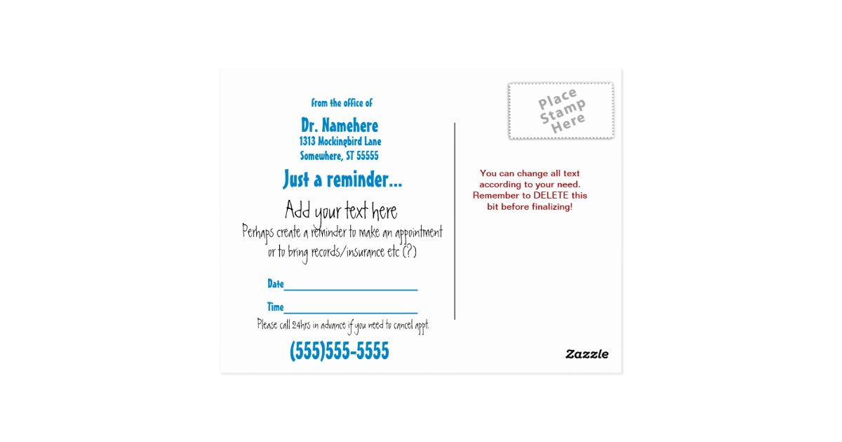 Dental appointment reminder customizable postcard Zazzle