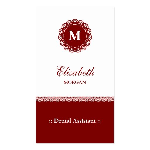 Dental Assistant Elegant Red Lace Monogram Business Card Templates (front side)