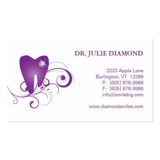 Dental Business Card Diamond Tooth Logo Purple