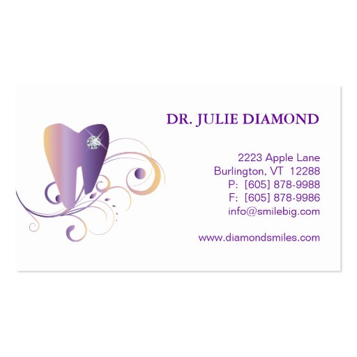 Dental Business Card Diamond Tooth Logo Purple Ylw