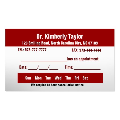 Dentist Appointment Cards- Color changeable Business Card (back side)