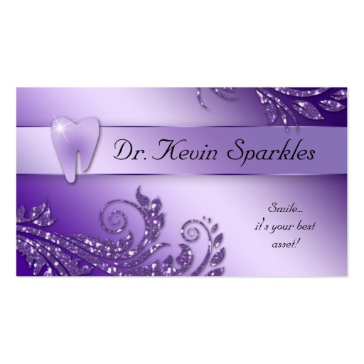 Dentist Business Card Purple Sparkle Leaf Tooth (front side)