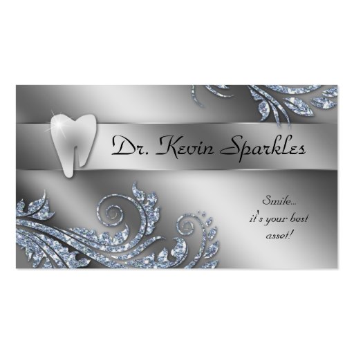 Dentist Business Card Silver Sparkle Leaf Tooth (front side)
