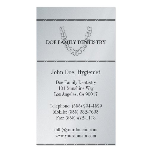 Dentist DDS Dental Office Teeth Platinum Paper Business Card Template (back side)