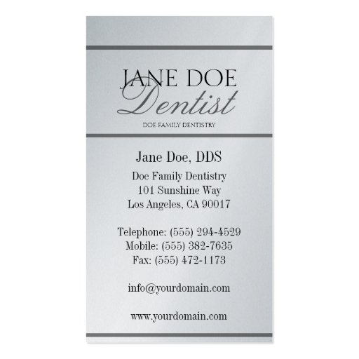 Dentist DDS Family Dentistry Silver Script Platnum Business Card (back side)