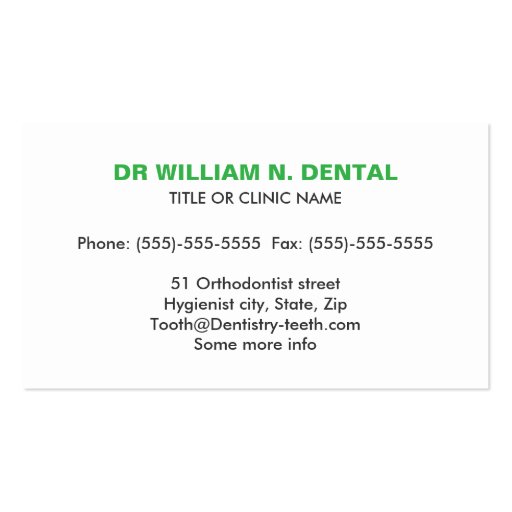 Dentist dental green business card with tooth logo (back side)