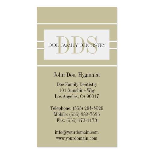Dentist Dental Office Stripes DDS White Tan Business Card (back side)