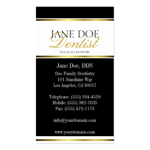 Dentist Gold Metallic Script Business Card Templates (back side)