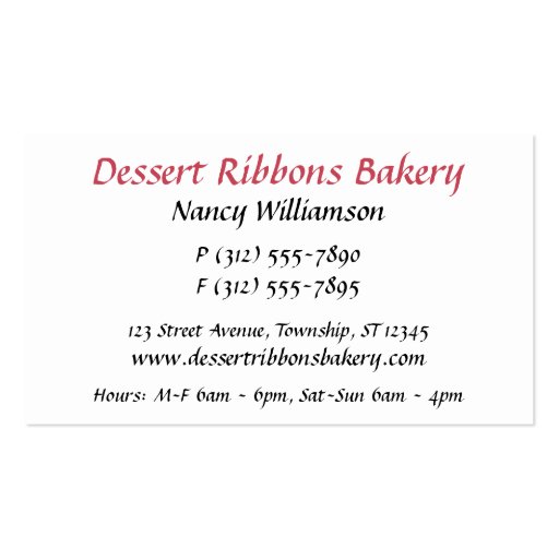 Dessert Ribbons Cupcake Bakery Business Cards (back side)