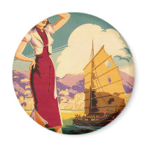 Destination: Hong Kong Retro Graphic Round magnet by retroz Destination: Hong Kong Retro Graphic Round magnet