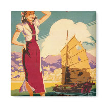Destination: Hong Kong Retro Graphic Square Magnet by retroz Destination: Hong Kong Retro Graphic Square Magnet