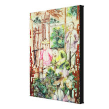 Detail of a vase with men watering tea plants stretched canvas print