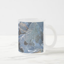 Detail of frozen river bank,ice,stone,sand,water.. mugs