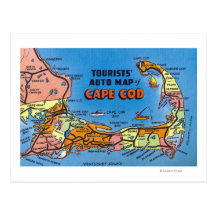 Detailed Auto Map of Cape Cod Post Card