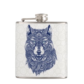 Detailed Dark Blue Wolf Head Illustration Hip Flasks