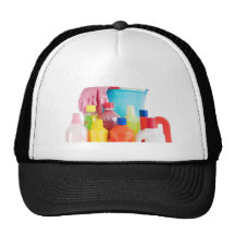detergent bottles and bucket trucker hats