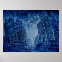detroit, buildings, cityscape, skyline, detroit skyline, art, painting, michigan, blue, abstract art, fine art, city, structures, Poster with custom graphic design