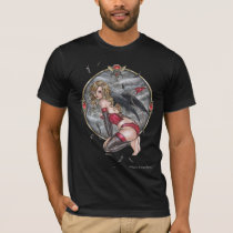 gothic, devil, angel, pinup, dark, goth, emo, fantasy, art, painting, evil, blonde, red, hot, cloud, sky, crow, raven, feather, zerick, delphine, levesque, demers, Shirt with custom graphic design