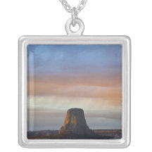 Devils Tower National Monument, Storm at Sunset Necklaces